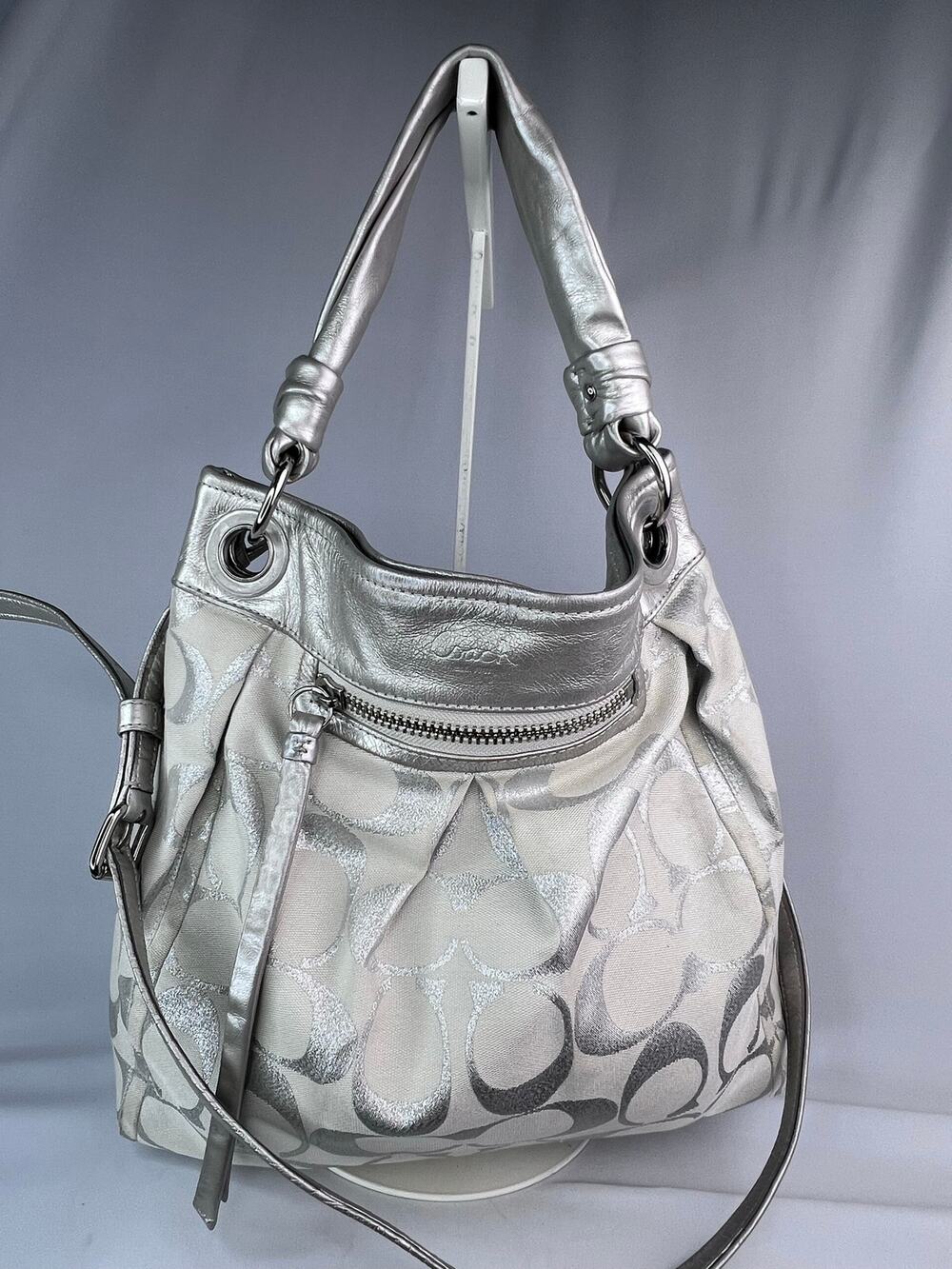 Coach Zoe Ivory Silver Lurex Metallic Signature Convertible Hobo Bag F15652